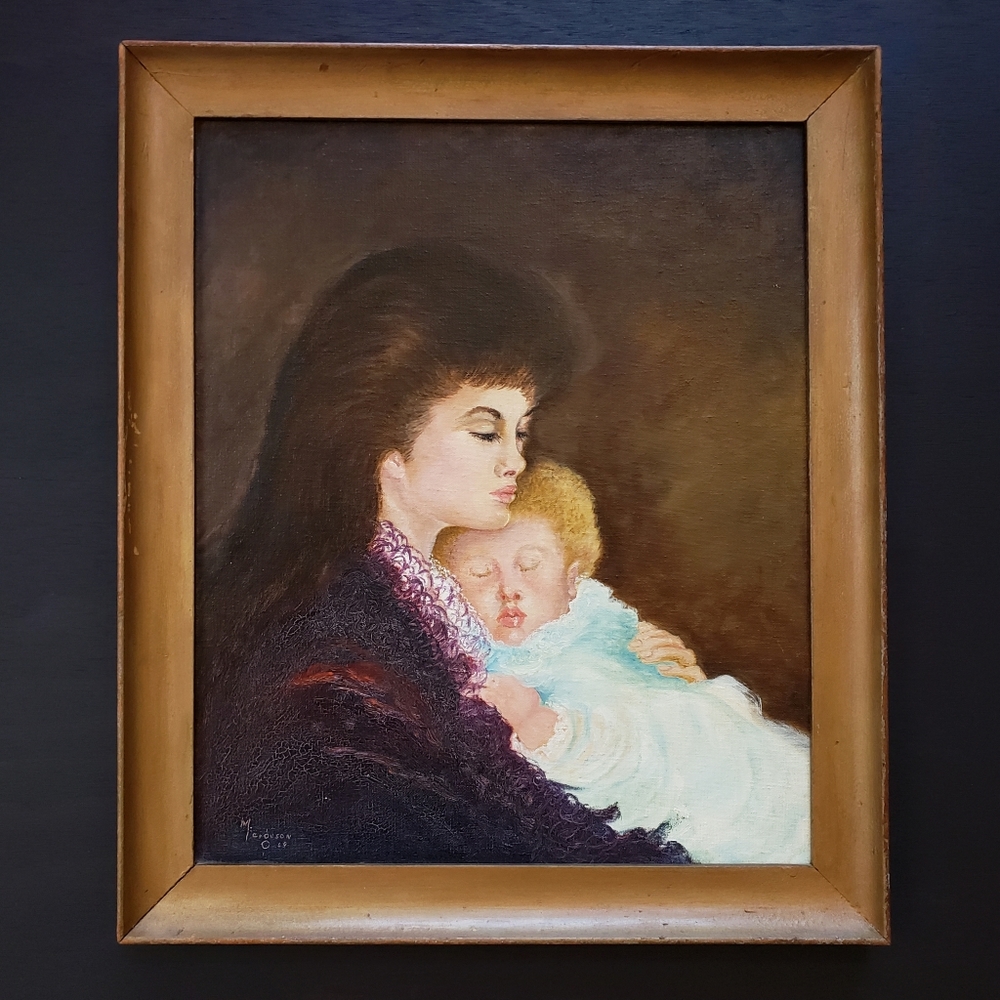 Vintage 60s Signed Original Mother & Child Portrait Artwork Framed Painting